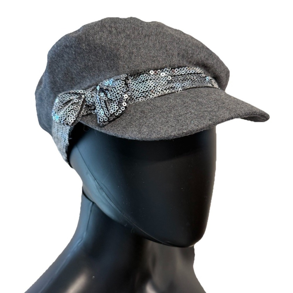 August Hat Company Women's Newsboy Gray Cap Hat With BLING Band And Bow OS NWT
